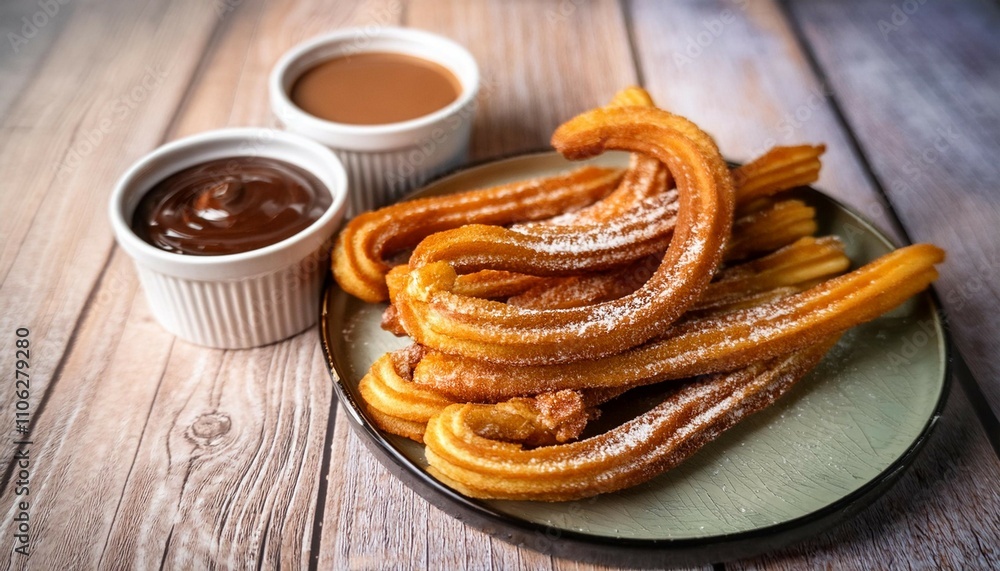 satisfying oven baked churros sprinkled with cinnamon sugar and served with decadent chocolate and caramel dipping sauces