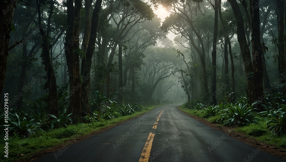 Obraz premium Jungle road with trees on both sides.