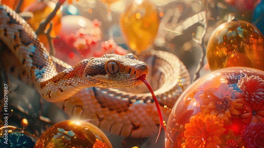 Fototapeta premium Snake amidst vibrant flowers and glass orbs in a surreal setting.