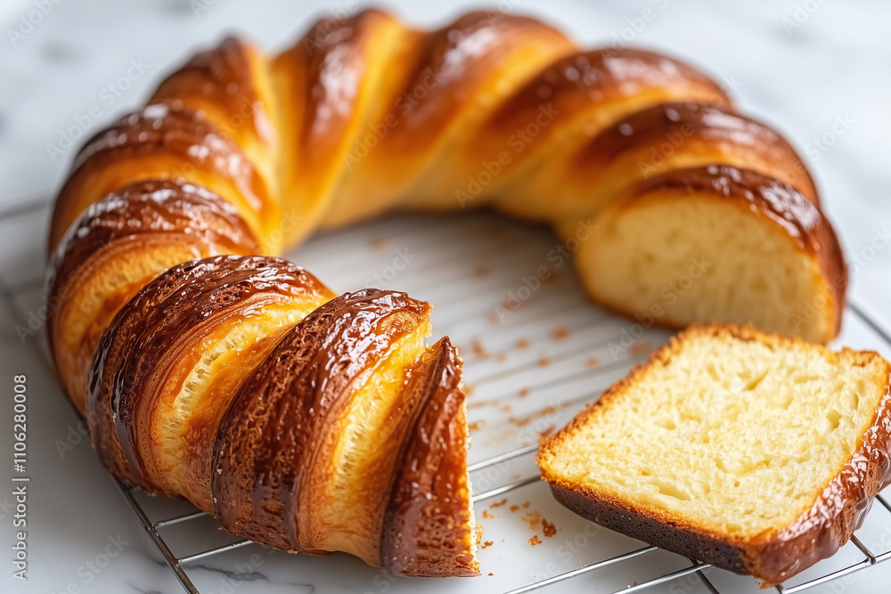 Beautiful braided brioche wreath showcasing a delightful breakfast treat Beautiful braided brioche wreath showcasing a delightful breakfast treat