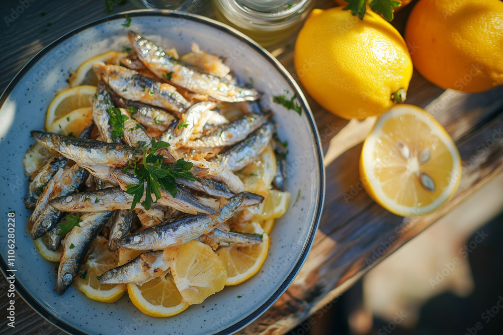 Fried anchovies with lemon slices on a rustic table Fried anchovies with lemon slices on a rustic table