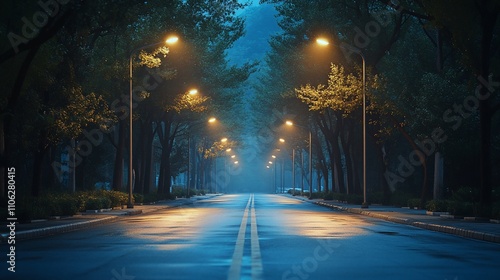 Misty night road with streetlights and trees.