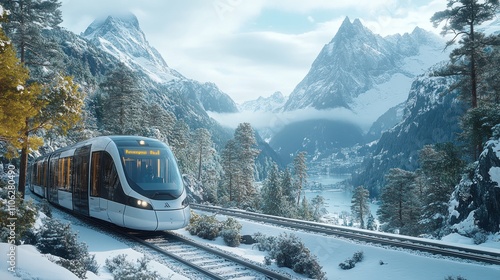 Modern train travels through snowy mountain valley. photo