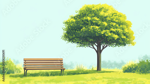 Green tree with a dome shape in a garden with a bench , nature, garden, park, outdoors, landscaping, scenic, peaceful. Verdant. Illustration photo