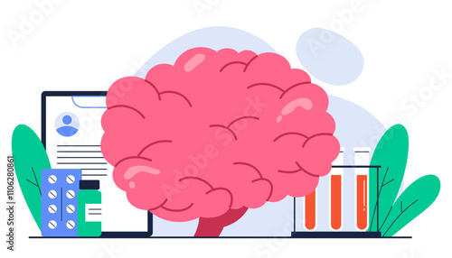 Nervous system concept. Human brain organ with medical equipment. Medical checkup at hospital. Neurology disease, healthcare, treatment. Isolated vector illustration in cartoon style
