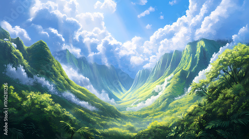 Majestic koolau mountain range on oahu's lush windward coast, hawaii, with misty clouds and verdant tropical foliage under a bright blue sky. Verdant. Illustration photo