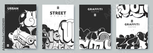 Abstract graffiti poster in black and white colors with doodles, scribbles and throw up pieces. Street art background collection. Artistic covers set in hand drawn graffiti style. Vector illustration photo