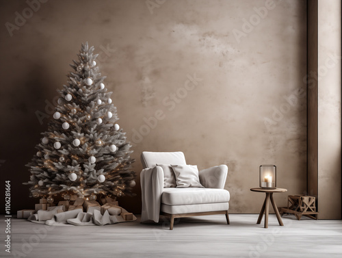 Neutral rustic minimalist Christmas interior. Japandi and wabi sabi style living room decorated for Christmas. Simple cozy Christmas interior. Winter interior with plaid accent