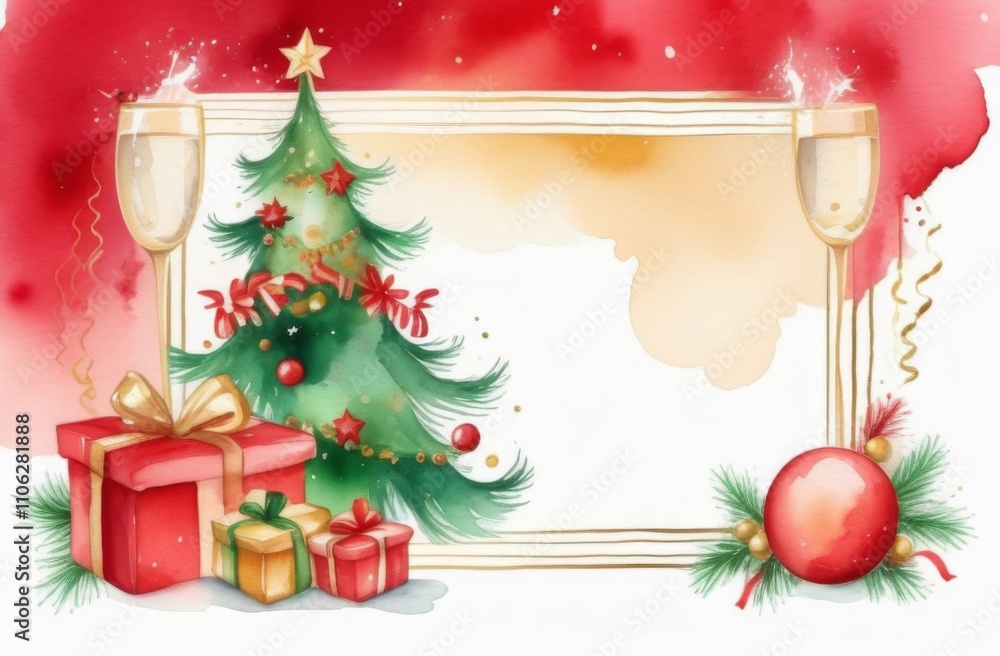 Naklejka premium New Year card with gifts, Christmas tree, New Year hats, deer with place for text