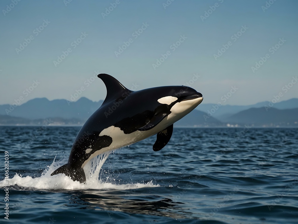 Killer whale leaping from the water in the Pacific Ocean. Killer whale leaping from the water in the Pacific Ocean.