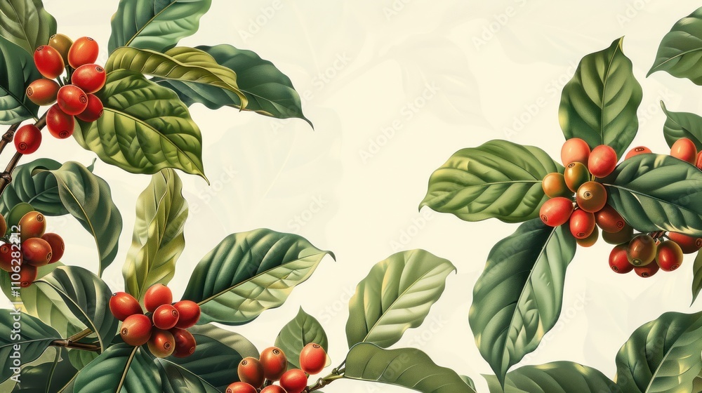 Coffee plant branches with ripe red berries and green leaves on white background. Coffee plant branches with ripe red berries and green leaves on white background.