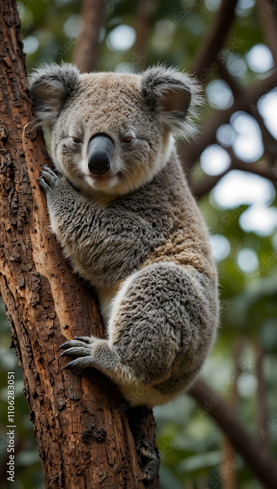 Naklejka premium Koala bear sleeping on a tree branch.