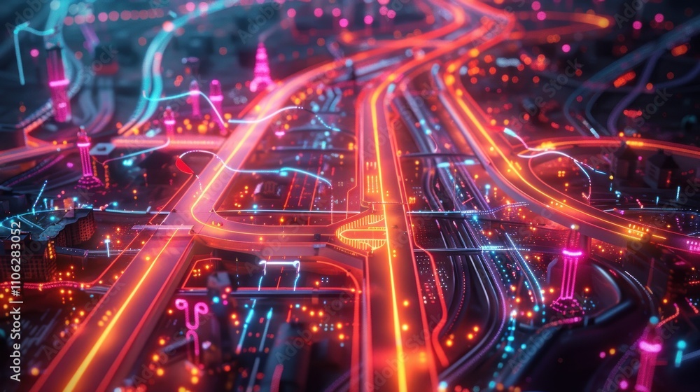 Futuristic city at night with glowing roads and buildings. Futuristic city at night with glowing roads and buildings.