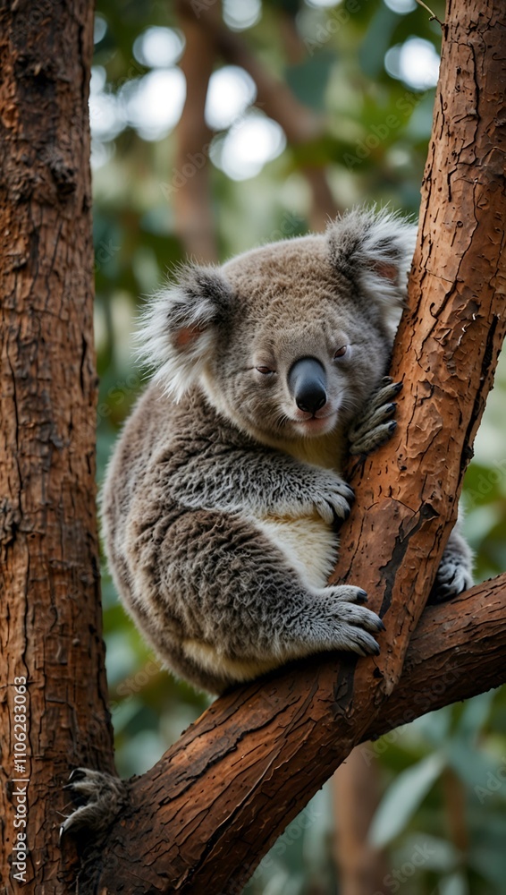 Obraz premium Koala bear sleeping on a tree branch.