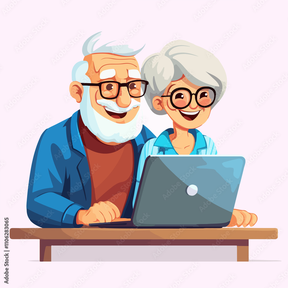 Elderly Couple Working on Laptop Illustration Elderly Couple Working on Laptop Illustration