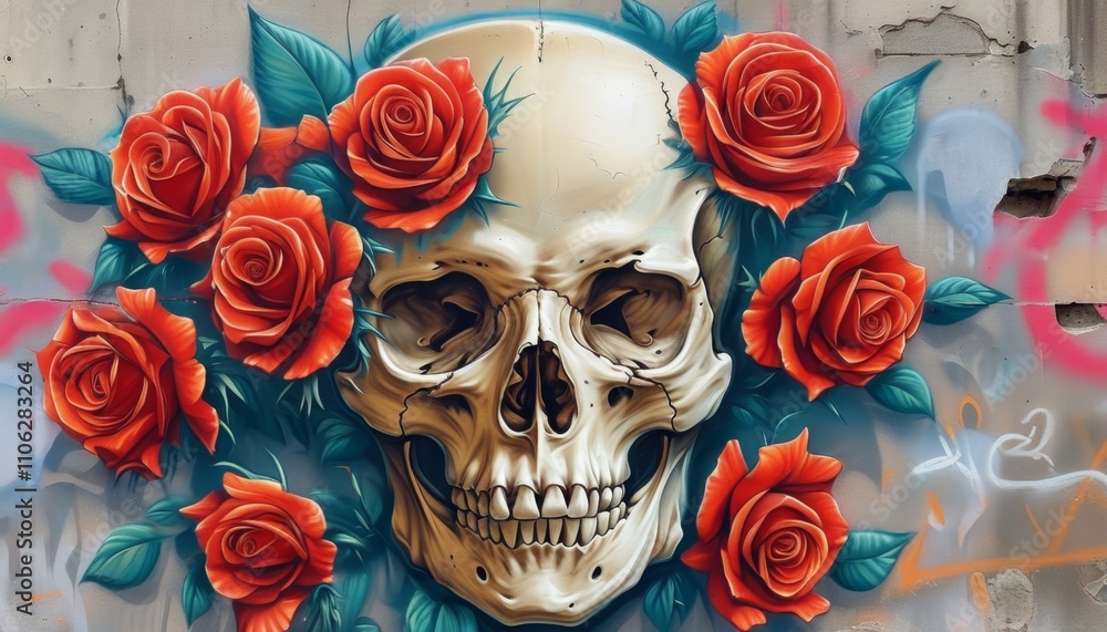 A vibrant mural featuring a skull surrounded by detailed red roses and green leaves on a weathered wall with graffiti. A vibrant mural featuring a skull surrounded by detailed red roses and green leaves on a weathered wall with graffiti.