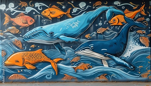 A vibrant mural depicts blue whales and orange fish swimming in a dynamic ocean scene, blending realism with artistic flair.