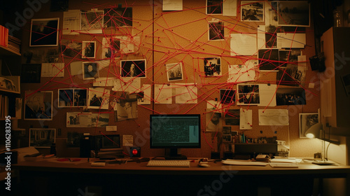 A dimly lit room with a corkboard covered in photographs, documents, and red strings connecting pins in an intricate web