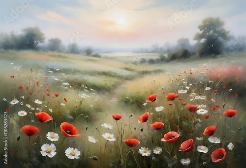 Wtercolor paintings rural landscape, field of flowers in spring, field of wildflowers photo