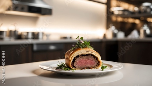 Beef Wellington served in a fancy restaurant s kitchen. photo