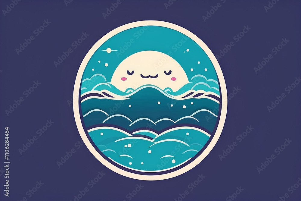 smiling ocean wave illustration with cartoonish facial features and peaceful blue tones smiling ocean wave illustration with cartoonish facial features and peaceful blue tones