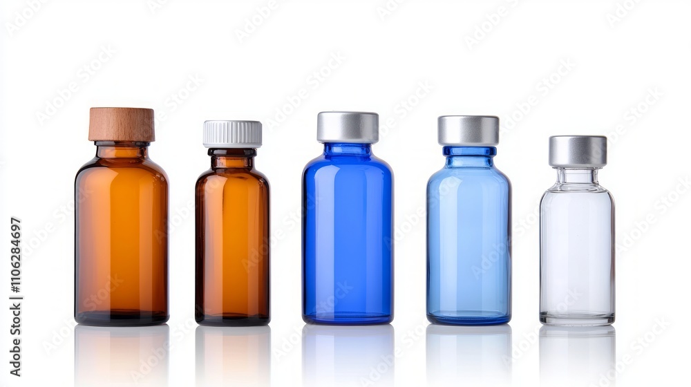 Assorted laboratory glass bottles with stoppers, illuminated softly on a white background.
