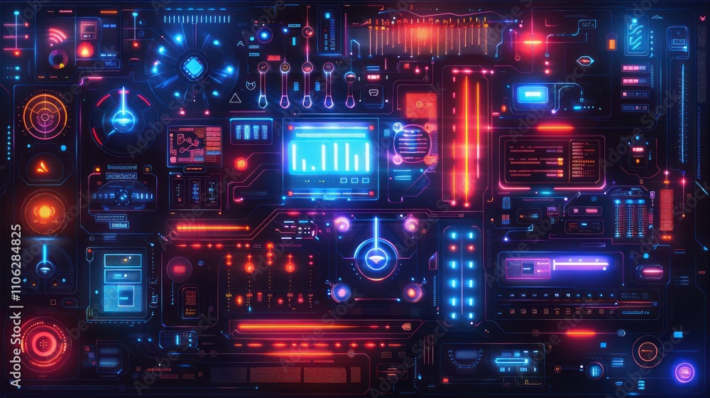 Futuristic neon-lit control panel interface. Futuristic neon-lit control panel interface.