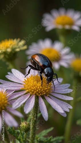 Lagria hirta beetle on Asteraceae and Apiaceae plants. photo