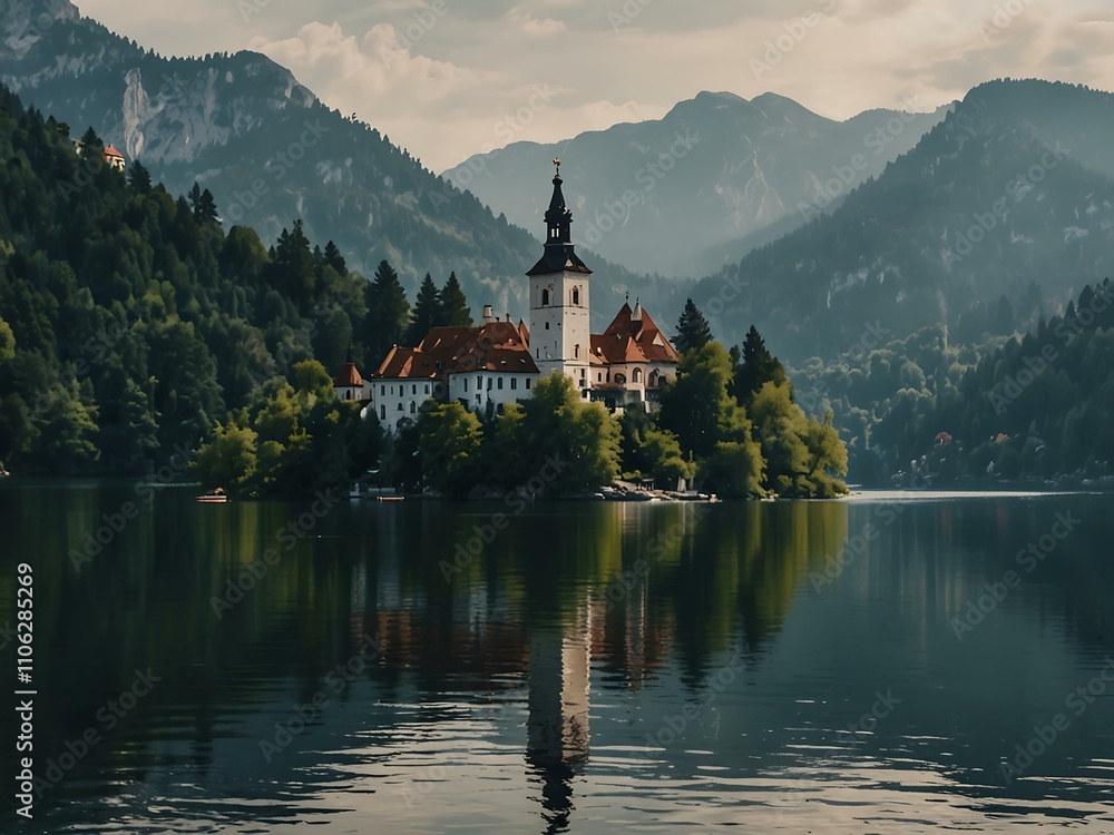 Fototapeta premium Lake Bled in the mountains during the day.