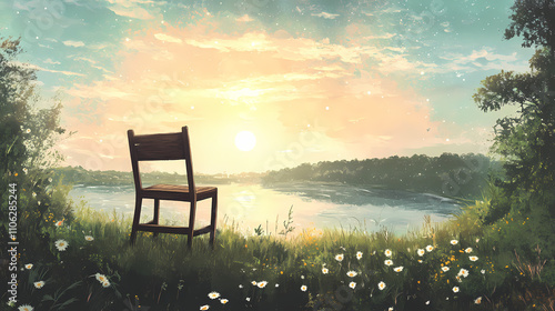 A wooden chair atop a verdant field, bordering a tranquil body of water under a sunlit sky. Verdant. Illustration