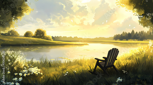 A wooden chair atop a verdant field, bordering a tranquil body of water under a sunlit sky. Verdant. Illustration