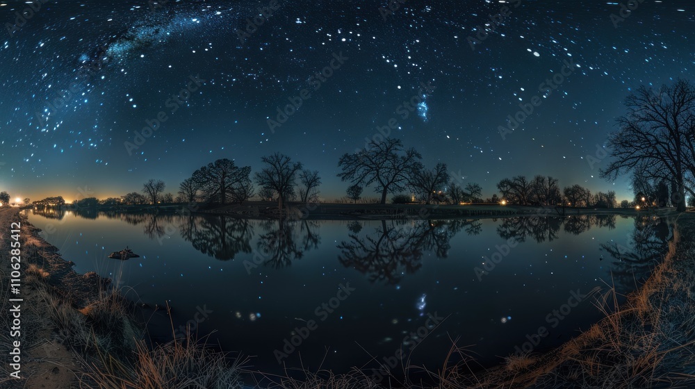 Starry night sky reflected in calm water with trees. Starry night sky reflected in calm water with trees.