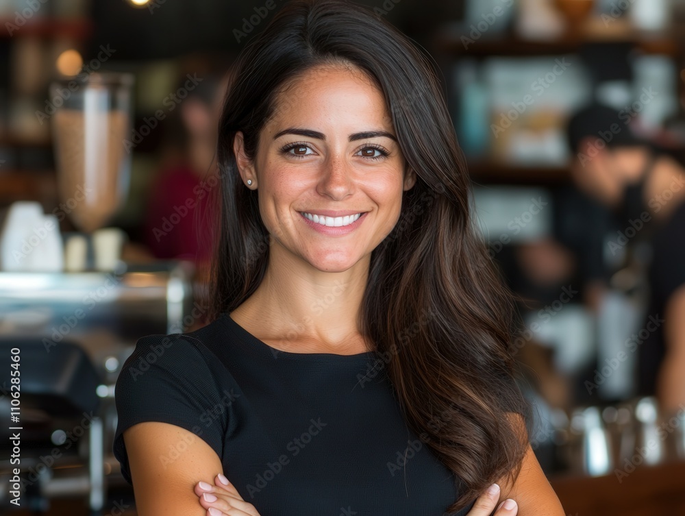 Barista smiles while serving customers at the cafe Barista smiles while serving customers at the cafe