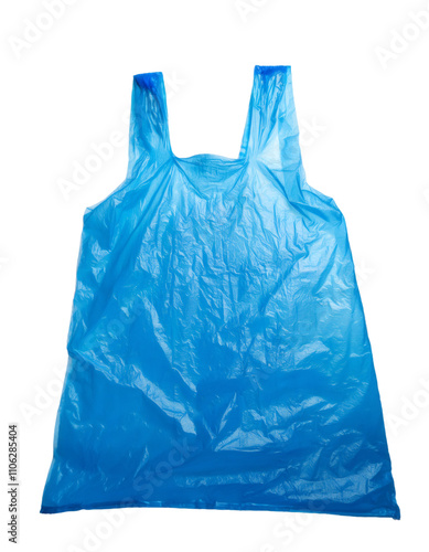 Blue plastic bag on a clear background, representing consumerism and waste. Highlighting pollution and the need for recycling. Eco friendly solutions needed