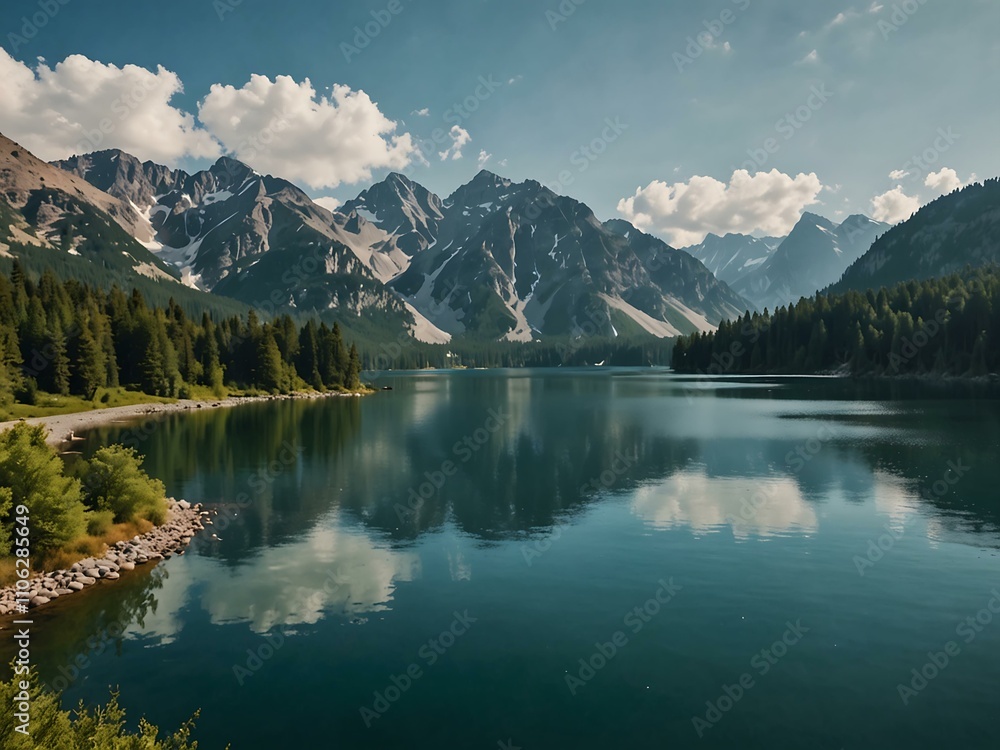 Naklejka premium Lake nestled in the mountains.