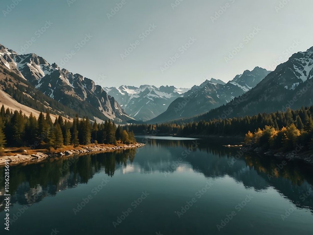 Naklejka premium Lake nestled in the mountains.
