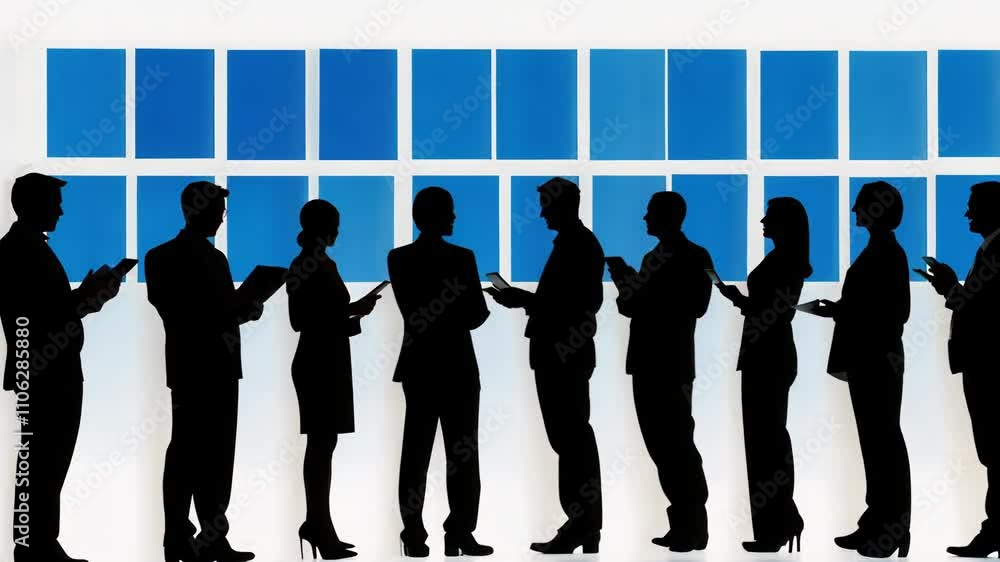 Silhouetted business team collaborating and networking in modern environment Silhouetted business team collaborating and networking in modern environment