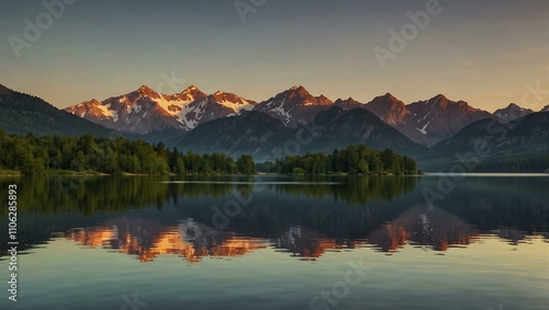 Lake scene with sunset, reflection, and mountains.