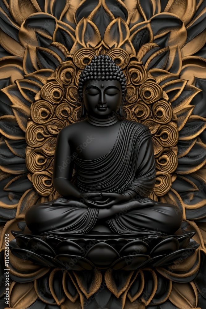 Serene black Buddha statue surrounded by ornate design Serene black Buddha statue surrounded by ornate design