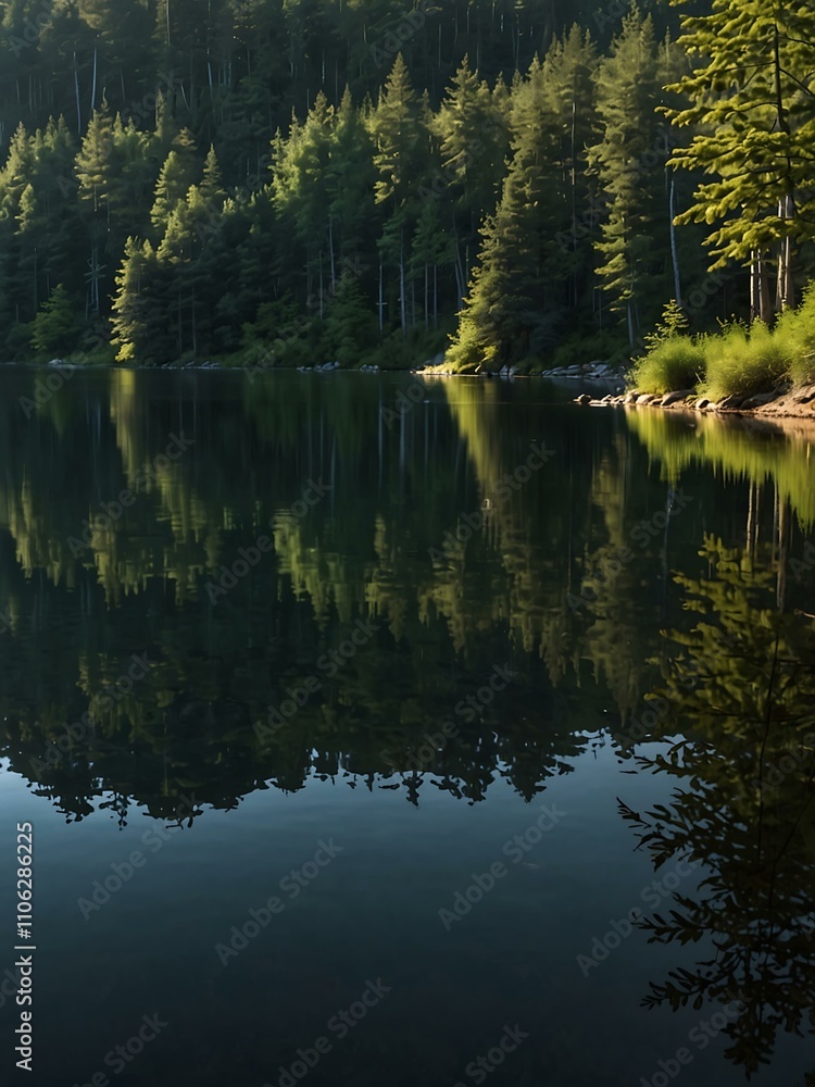 Lake with forest reflection in calm water. Lake with forest reflection in calm water.