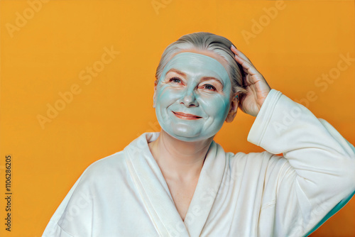 Obraz na płótnie Elderly woman with green skin care face mask, isolated on yellow background, fashion and lifestyle w salonie