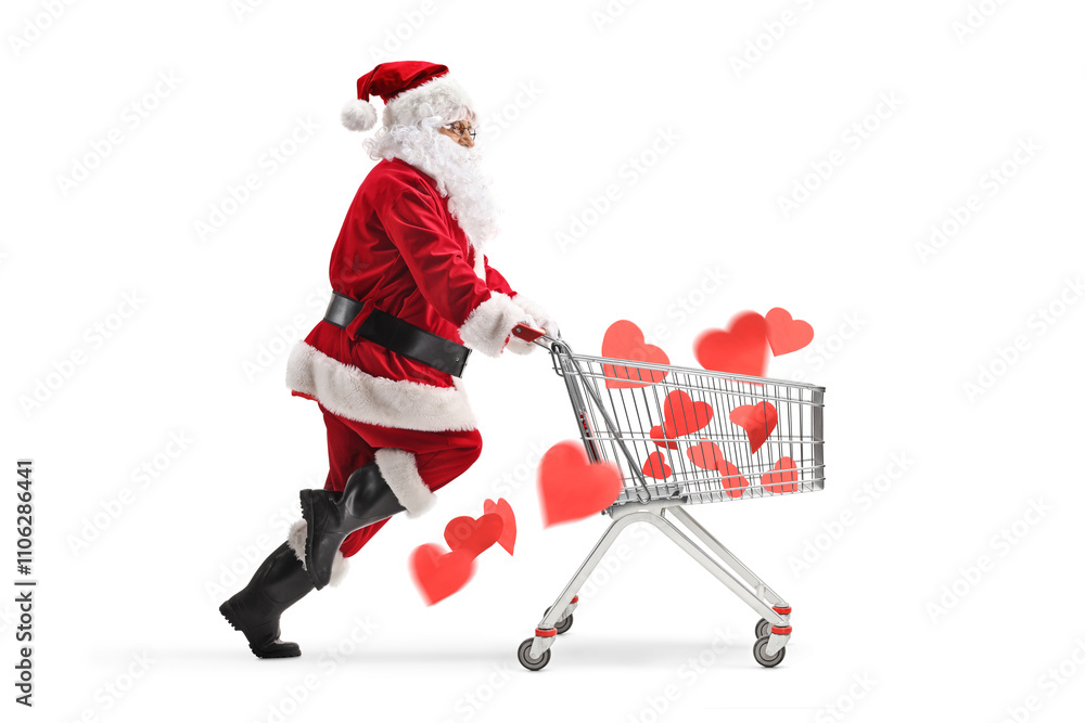 Santa Claus running with hearts in a shopping cart