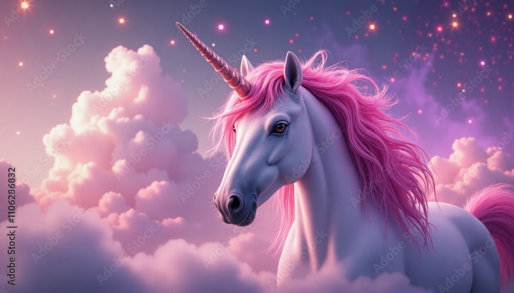 Magical unicorn with pink mane in dreamy cloud background Magical unicorn with pink mane in dreamy cloud background