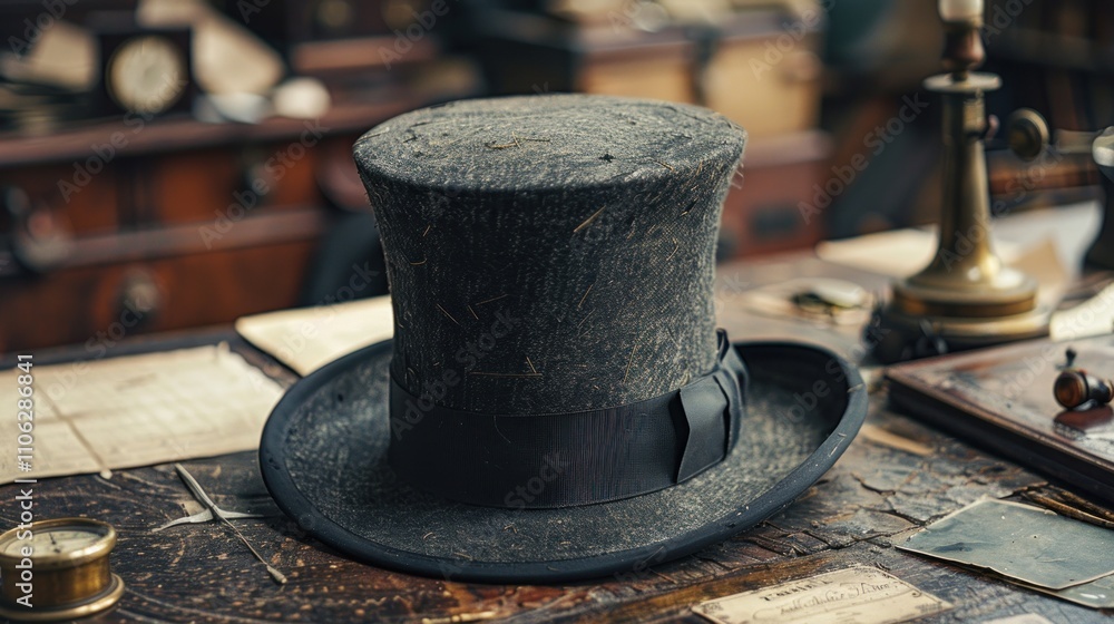Dusty top hat rests on antique desk. Dusty top hat rests on antique desk.