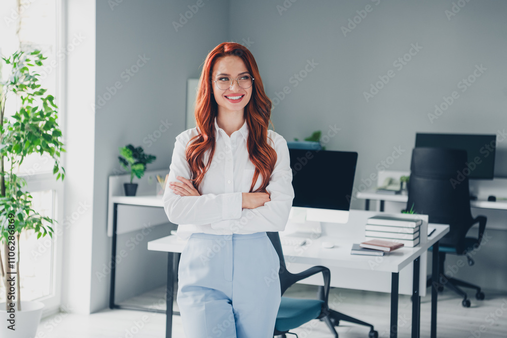 Photo of attractive young woman crossed hands look empty space wear formalwear modern office room interior indoors workspace Photo of attractive young woman crossed hands look empty space wear formalwear modern office room interior indoors workspace