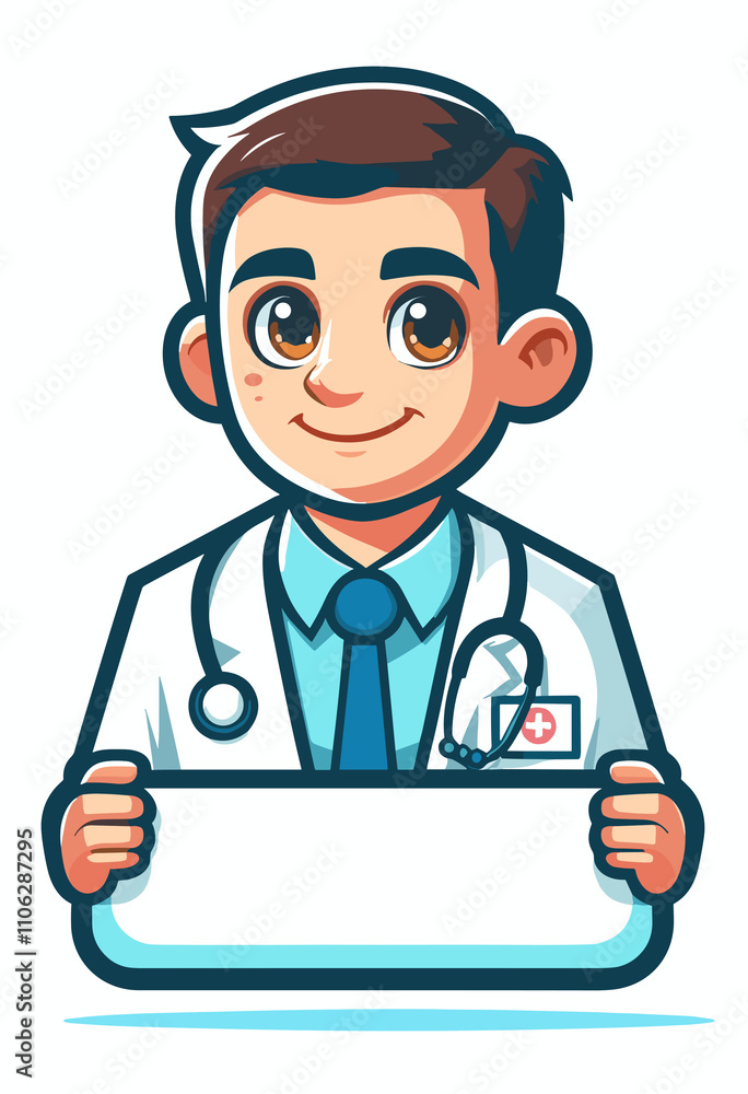 Cheerful cartoon doctor man holding a blank sign on a light background with copy space Cheerful cartoon doctor man holding a blank sign on a light background with copy space