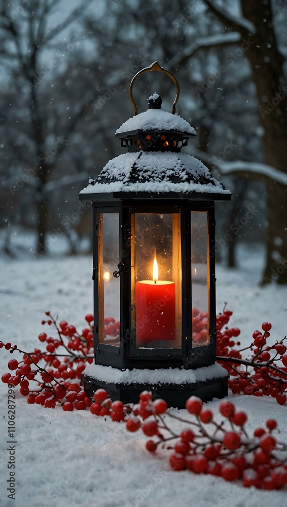 Lantern lit in the snow, surrounded by red berries. Lantern lit in the snow, surrounded by red berries.