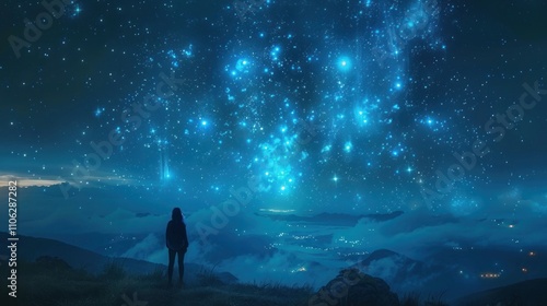 Woman silhouetted against a vibrant, starry night sky over a misty mountain valley.