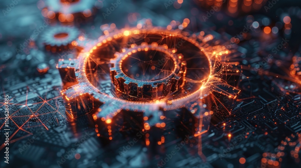 Glowing gears interconnect on circuit board. Glowing gears interconnect on circuit board.