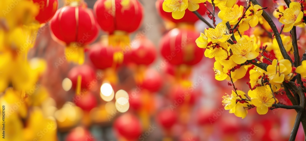 Chinese New Year decorations with red lanterns and yellow flowers, vibrant festive atmosphere, celebration of spring and prosperity, copy space for text Chinese New Year decorations with red lanterns and yellow flowers, vibrant festive atmosphere, celebration of spring and prosperity, copy space for text